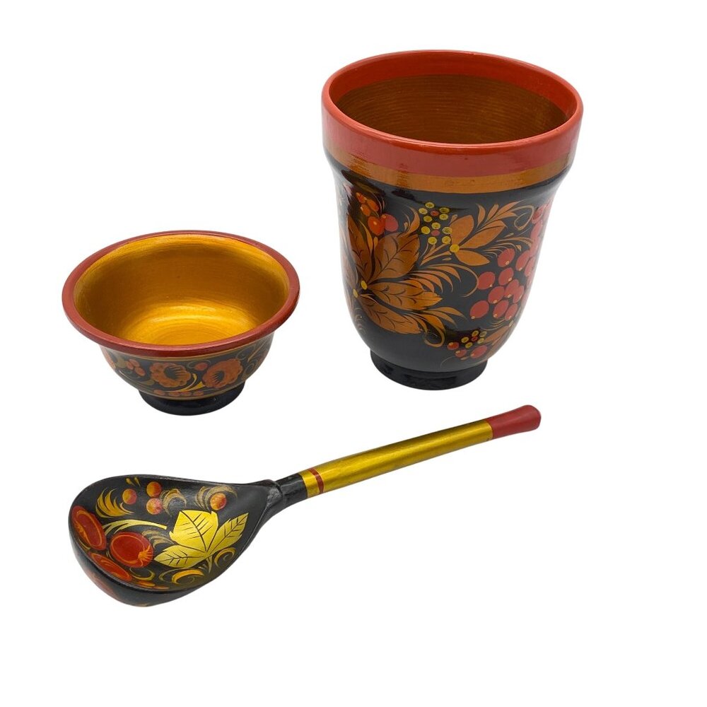 VTG Russian Khokhloma hand painted 3 piece set spoon vase bowl vase